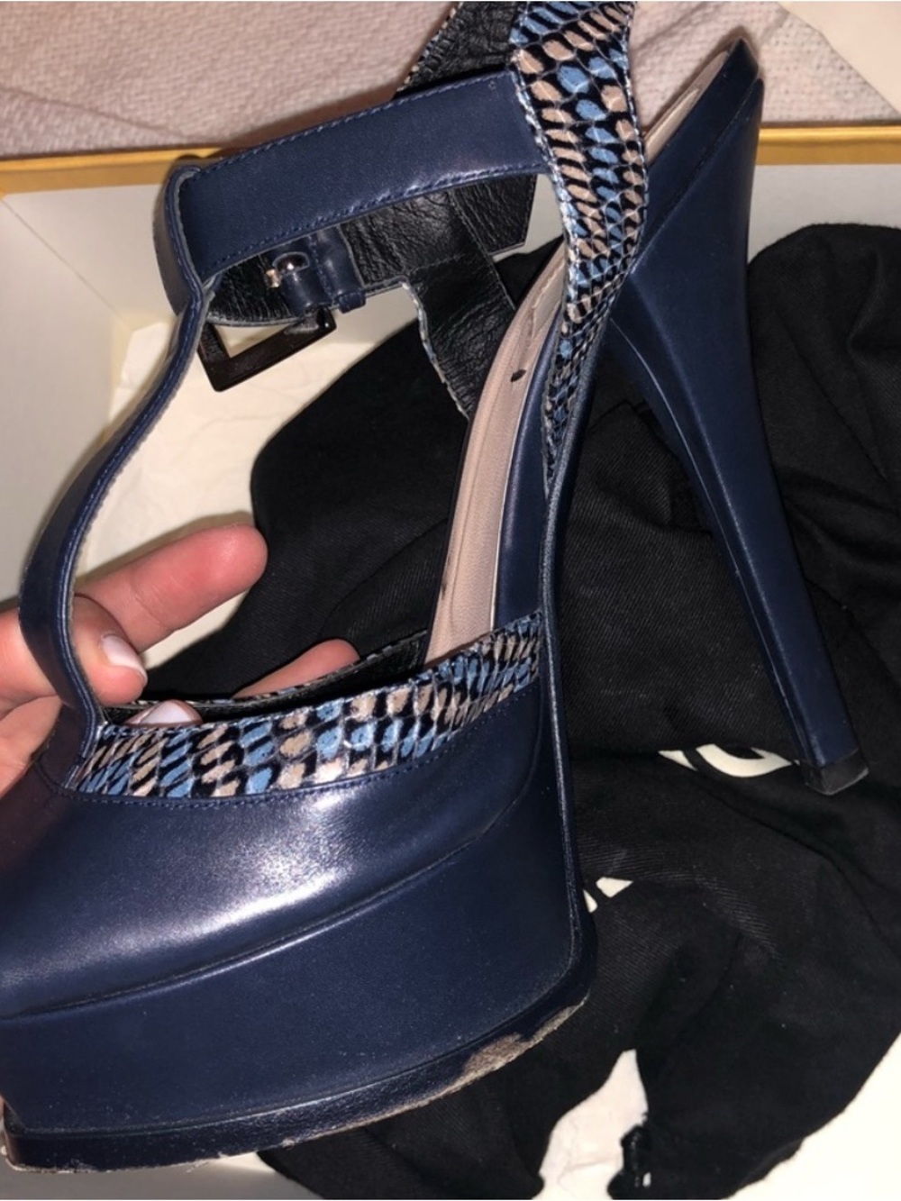 Fendi Navy Platform High-Heel Sandals with Snake-Print Trim